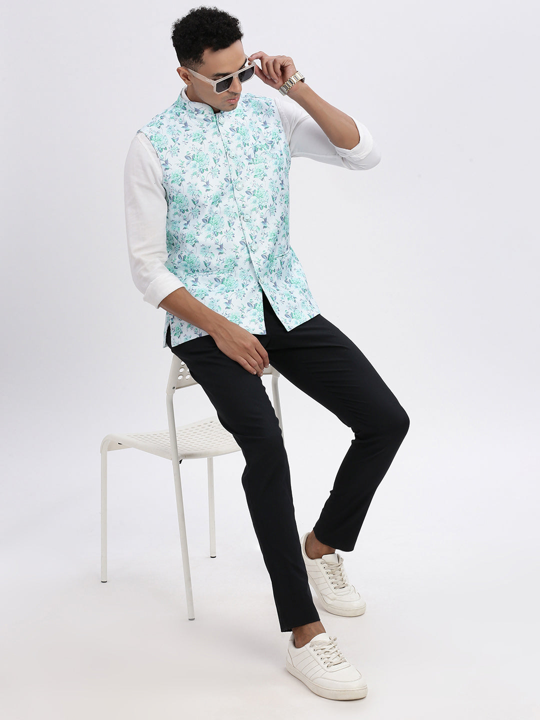 Men Green Printed Nehru Jacket