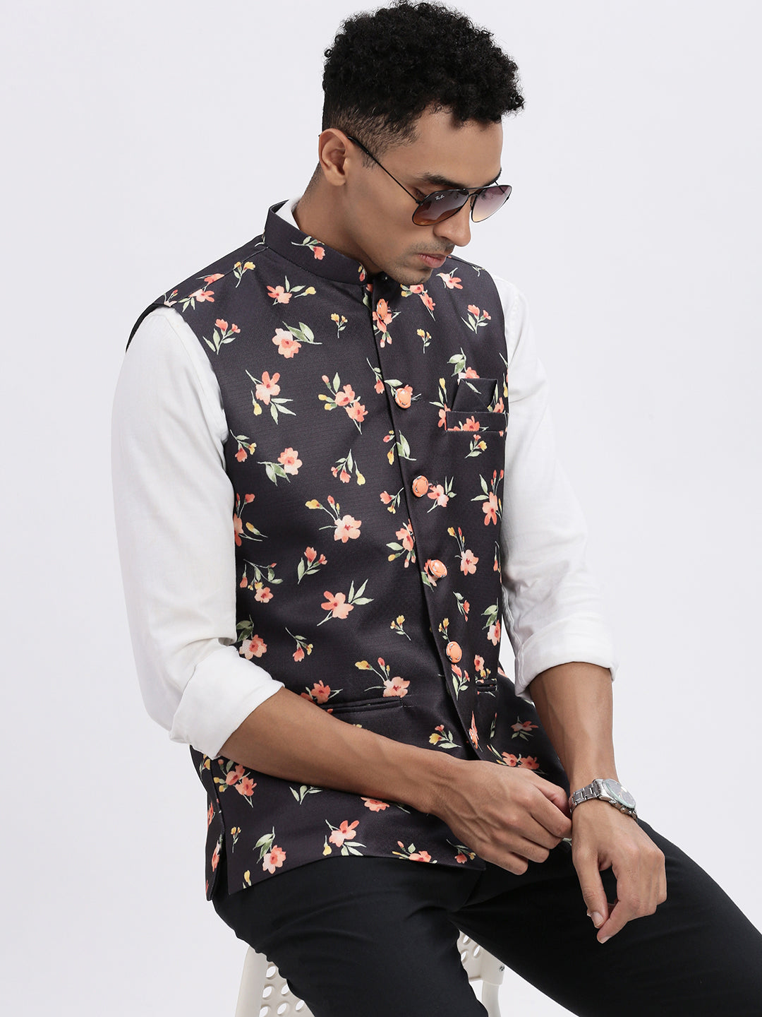 Men Black Printed Nehru Jacket