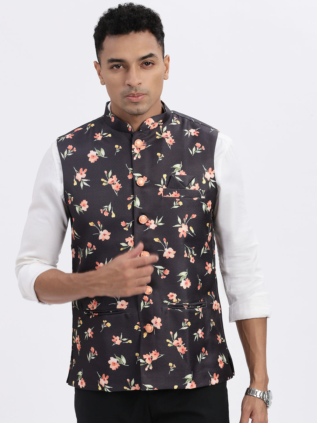 Men Black Printed Nehru Jacket