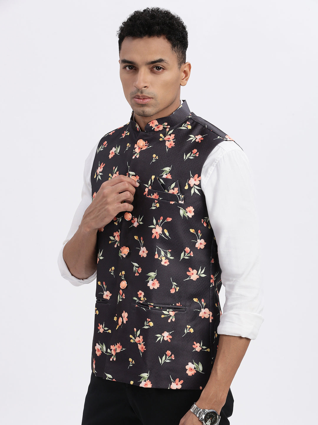 Men Black Printed Nehru Jacket