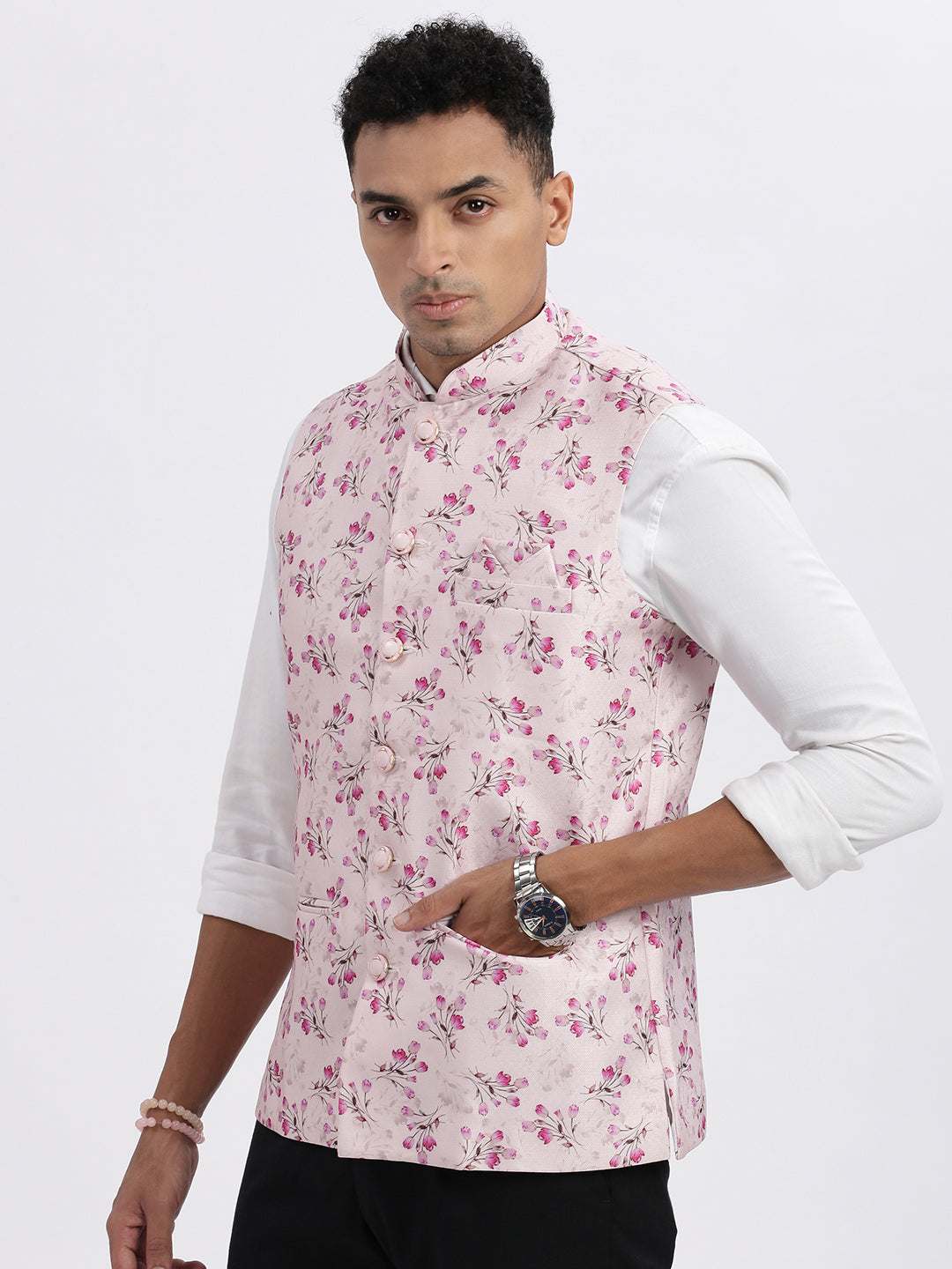 Men Pink Printed Nehru Jacket