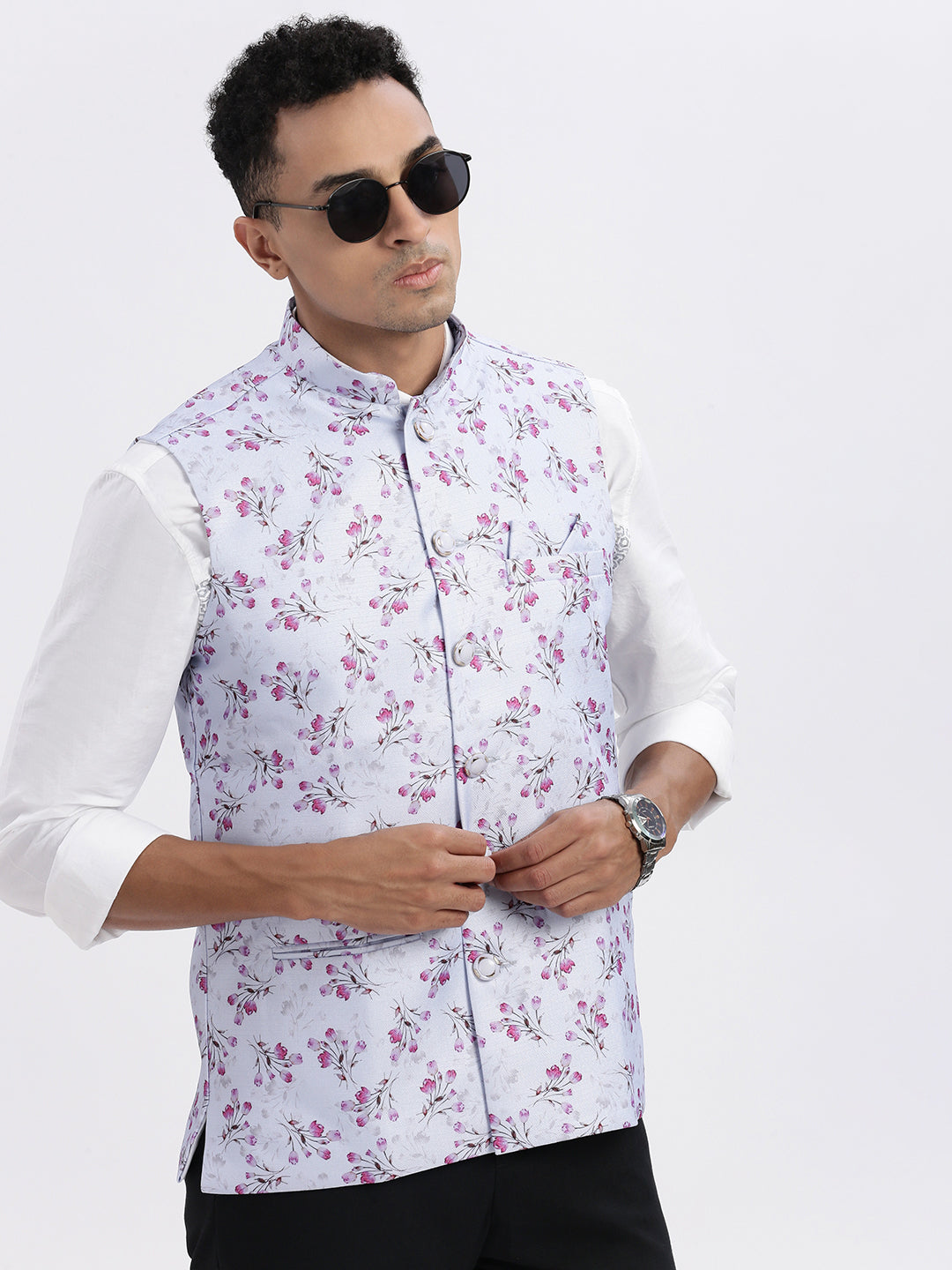 Men Lavender Printed Nehru Jacket