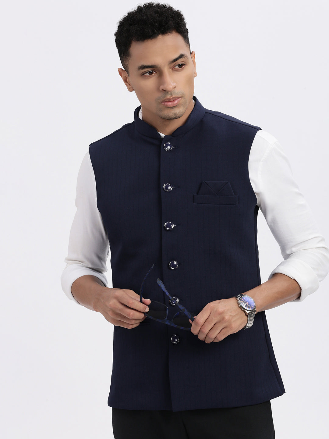 Men Navy Blue Solid Nehru Jacket