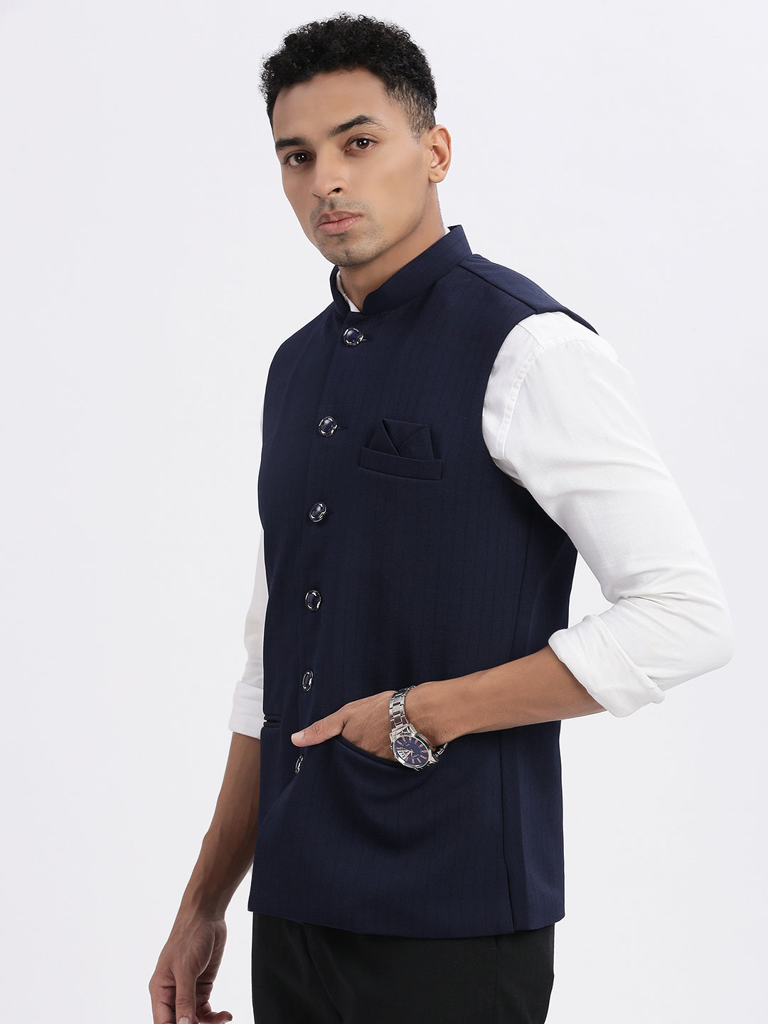 Men Navy Blue Solid Nehru Jacket