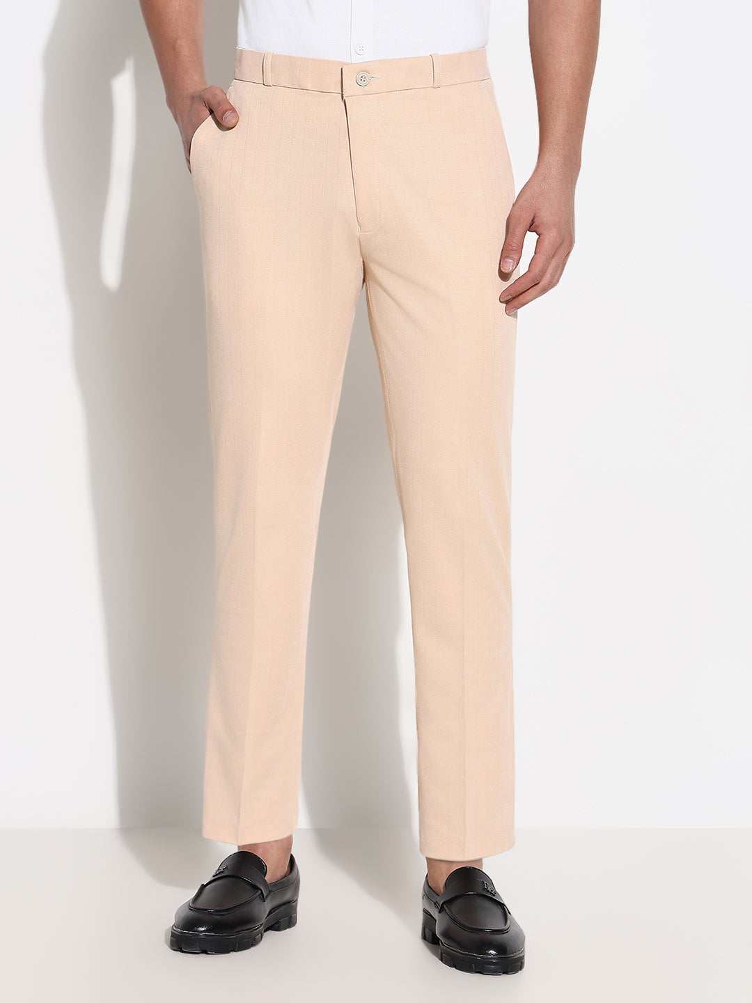 Men Peach Solid Formal Trousers