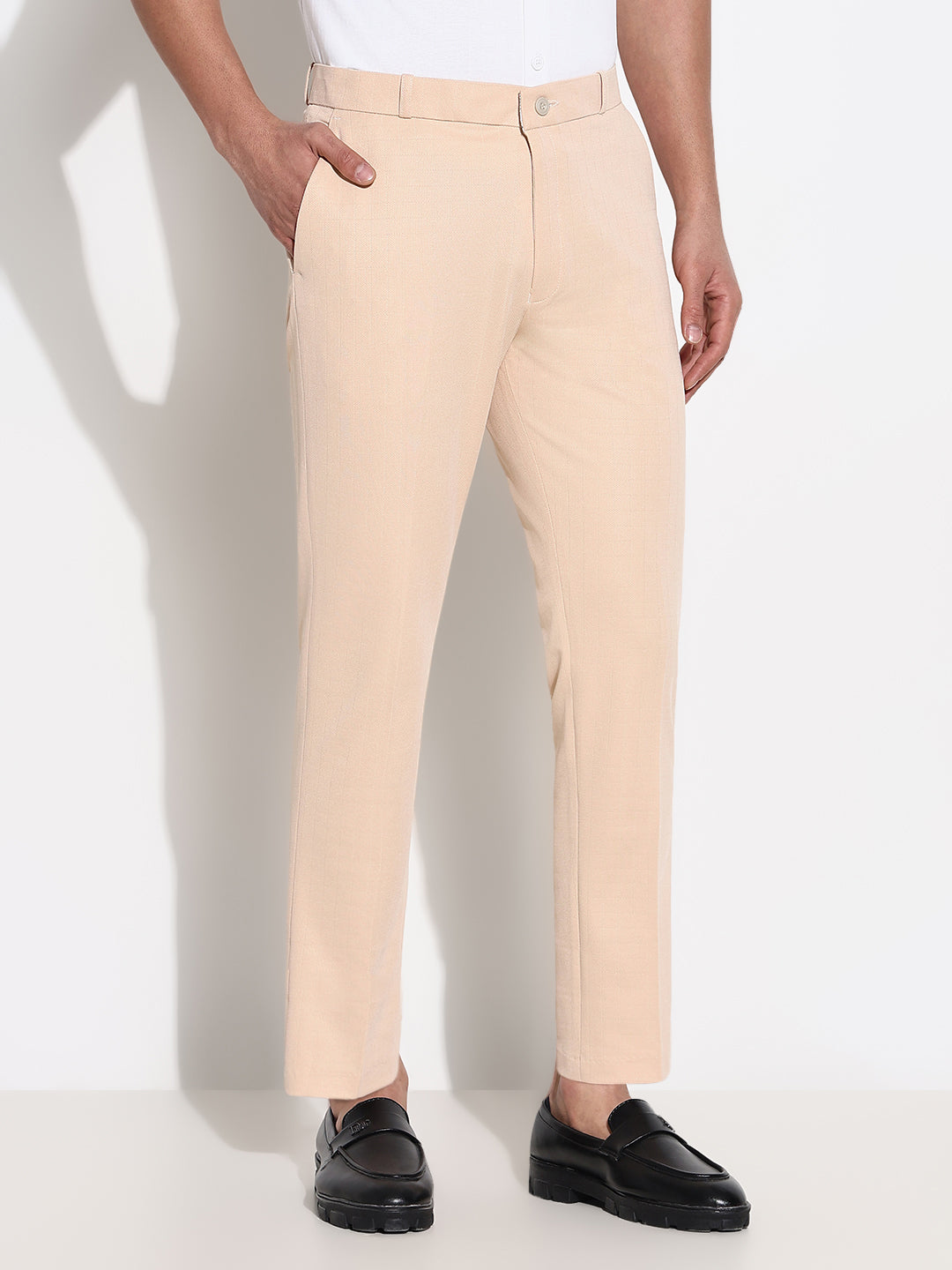 Men Peach Solid Formal Trousers