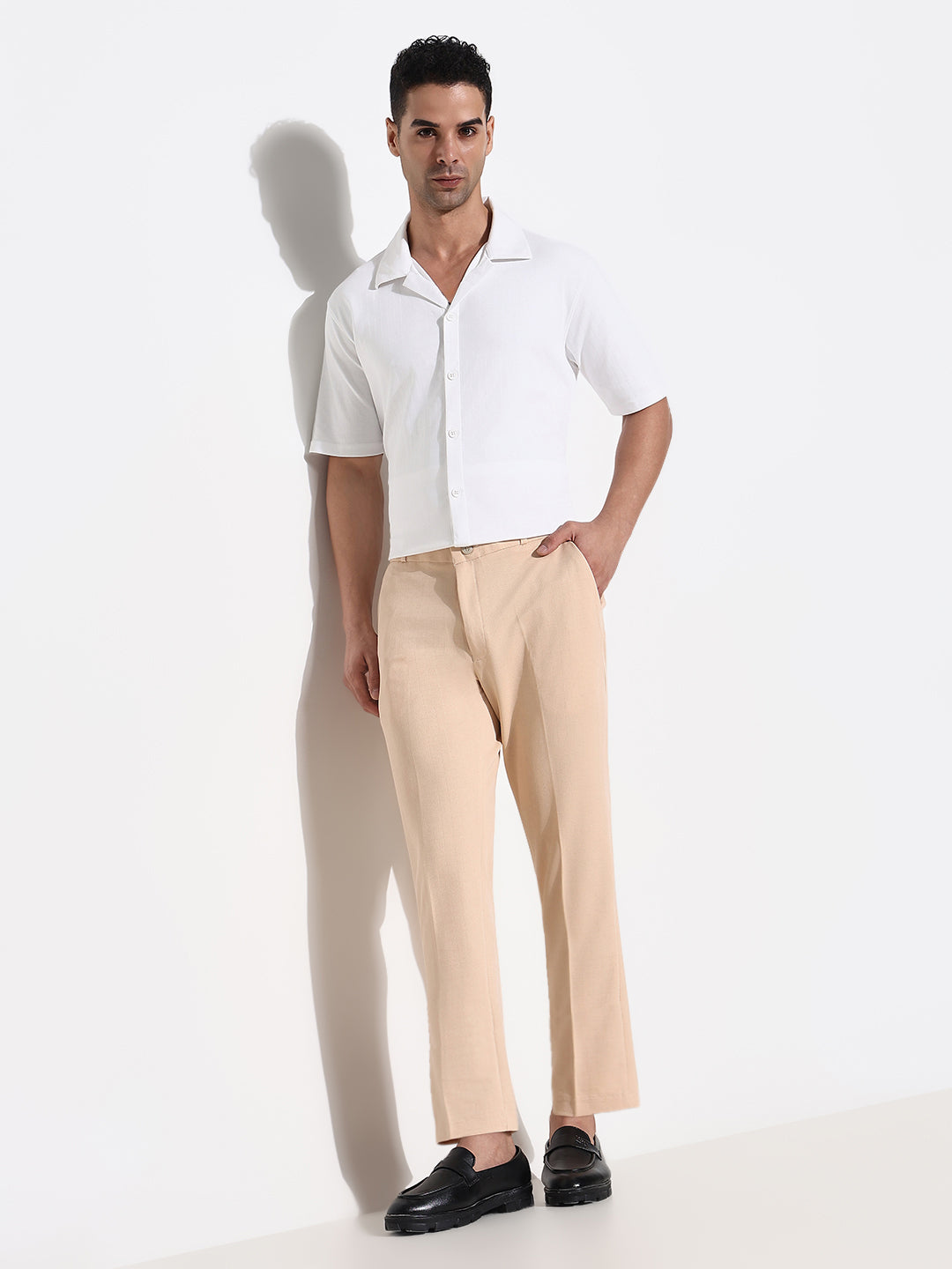 Men Peach Solid Formal Trousers