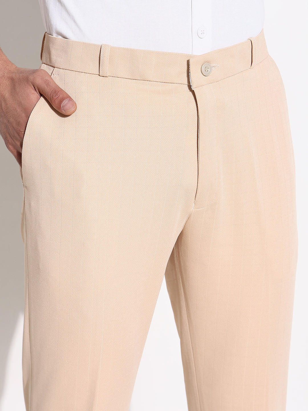 Men Peach Solid Formal Trousers