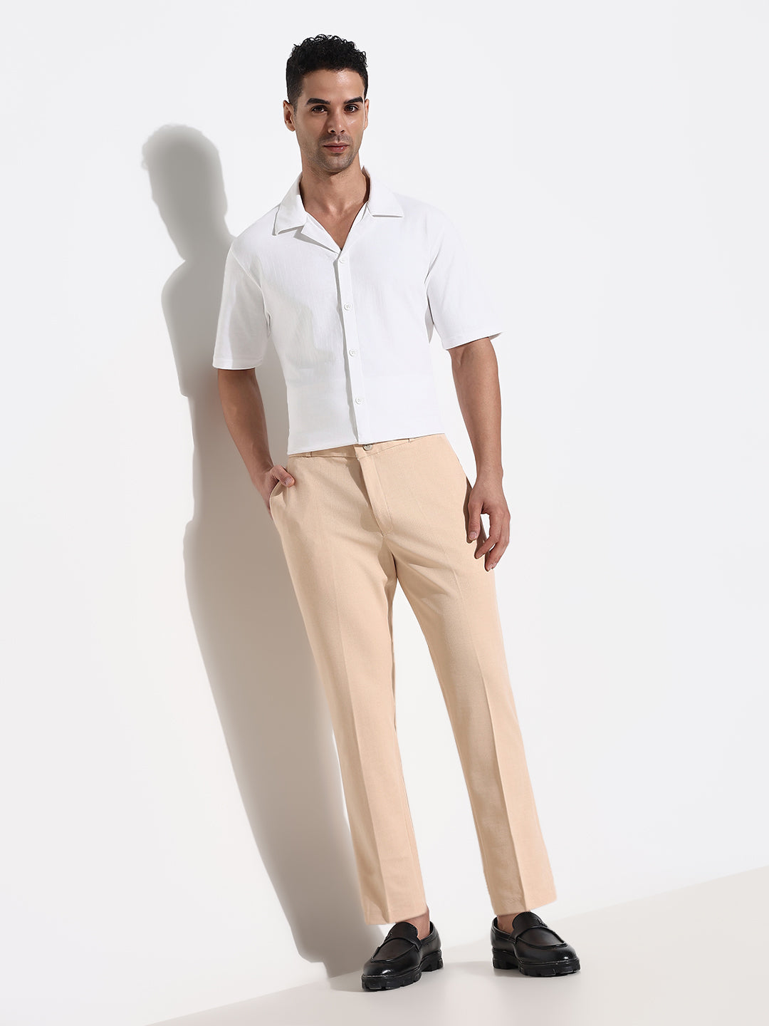 Men Peach Solid Formal Trousers