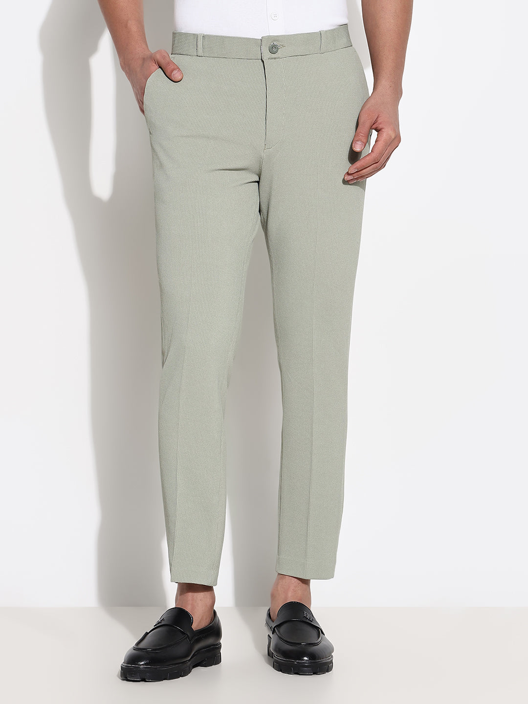 Men Green Solid Formal Trousers