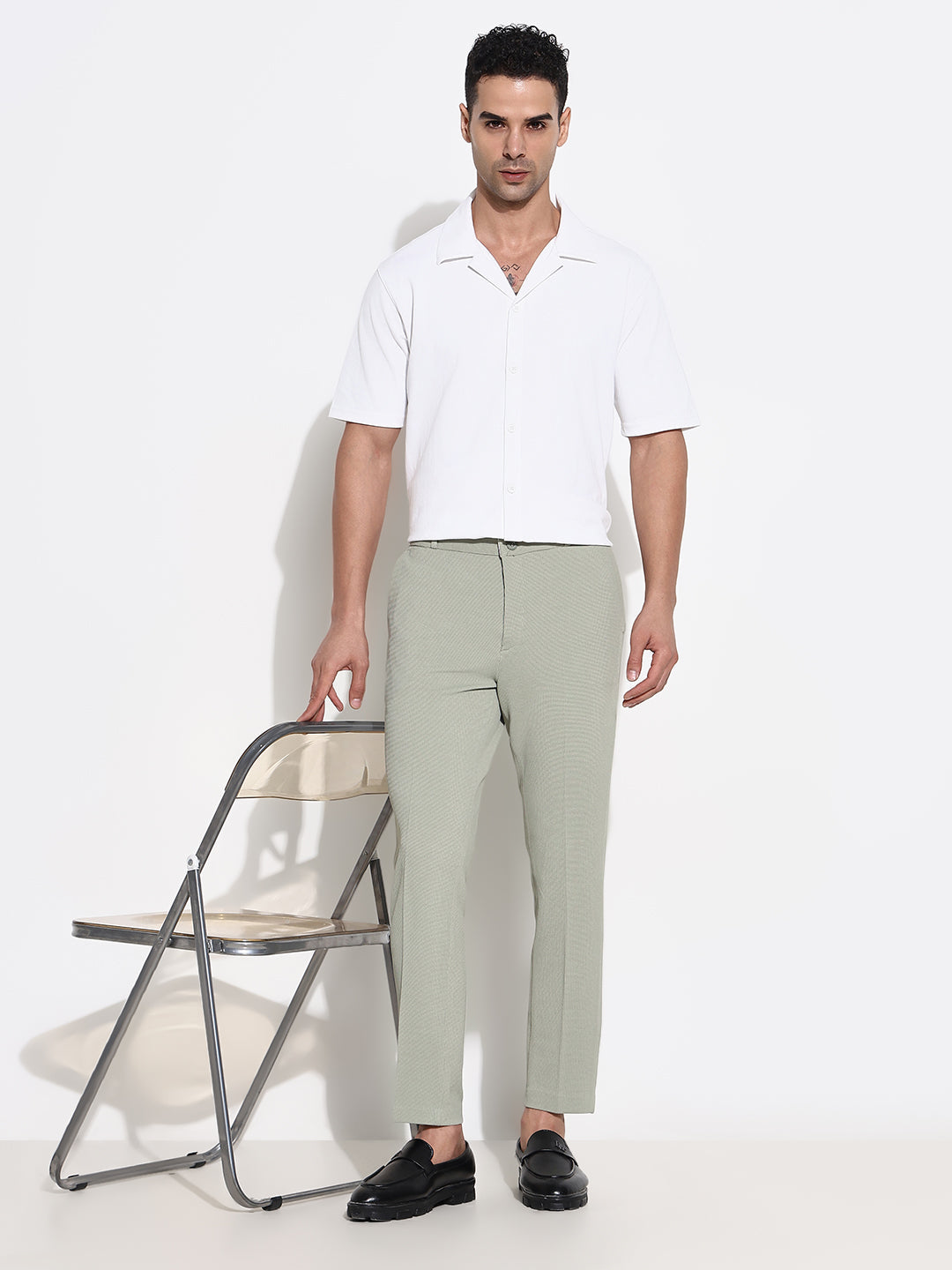 Men Green Solid Formal Trousers