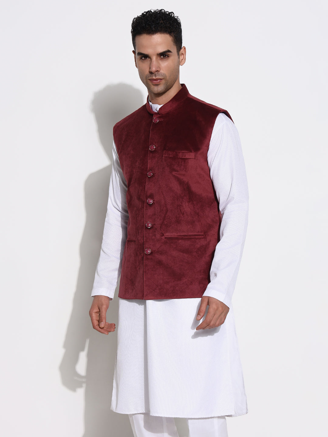 Men Burgundy Solid Nehru Jacket