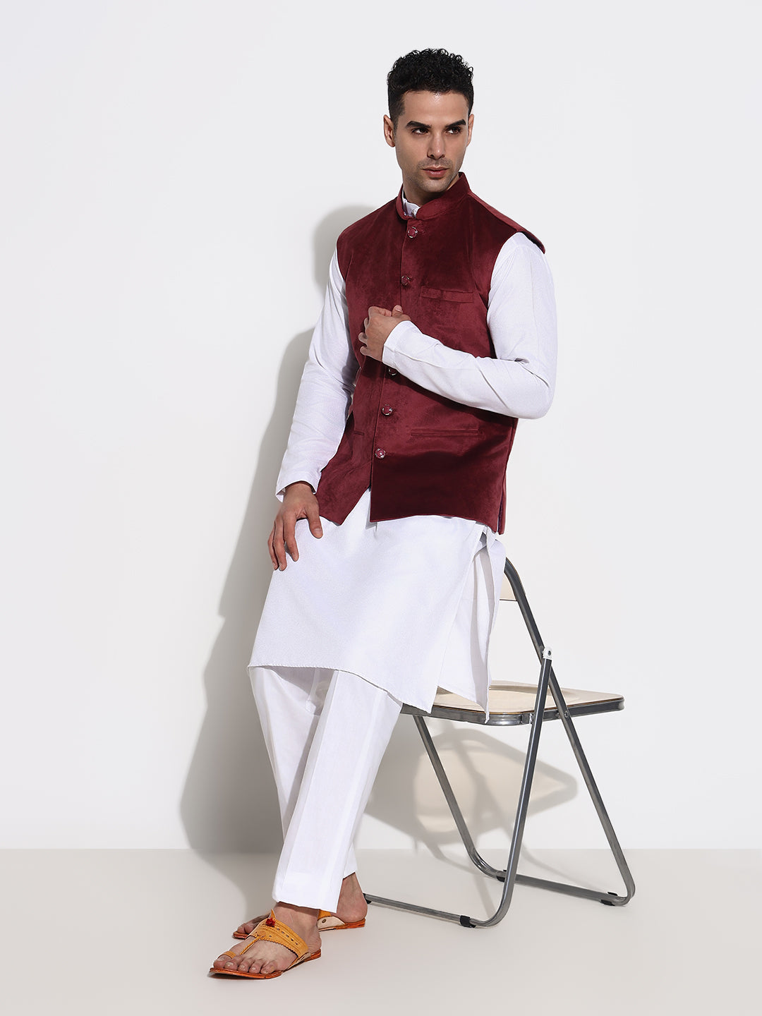 Men Burgundy Solid Nehru Jacket