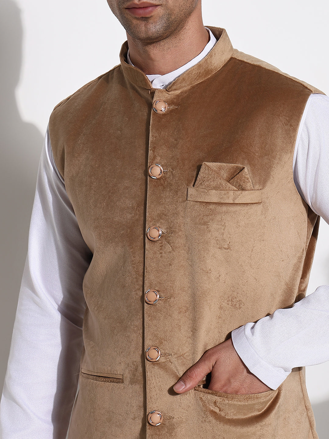 Men Brown Solid Nehru Jacket