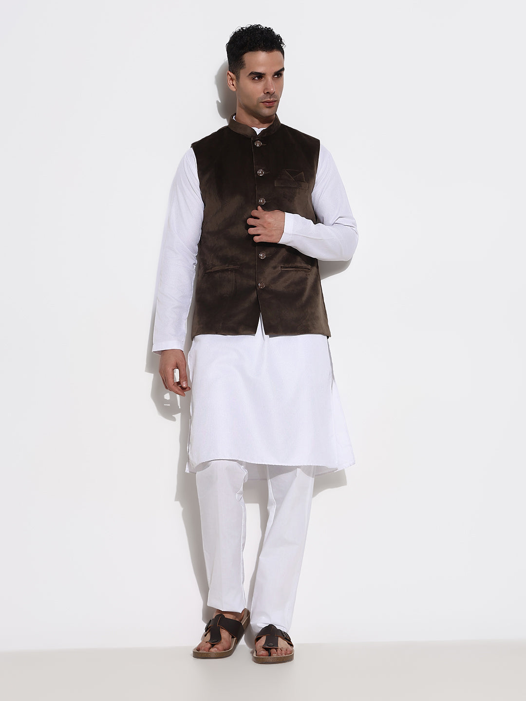 Men Olive Solid Nehru Jacket