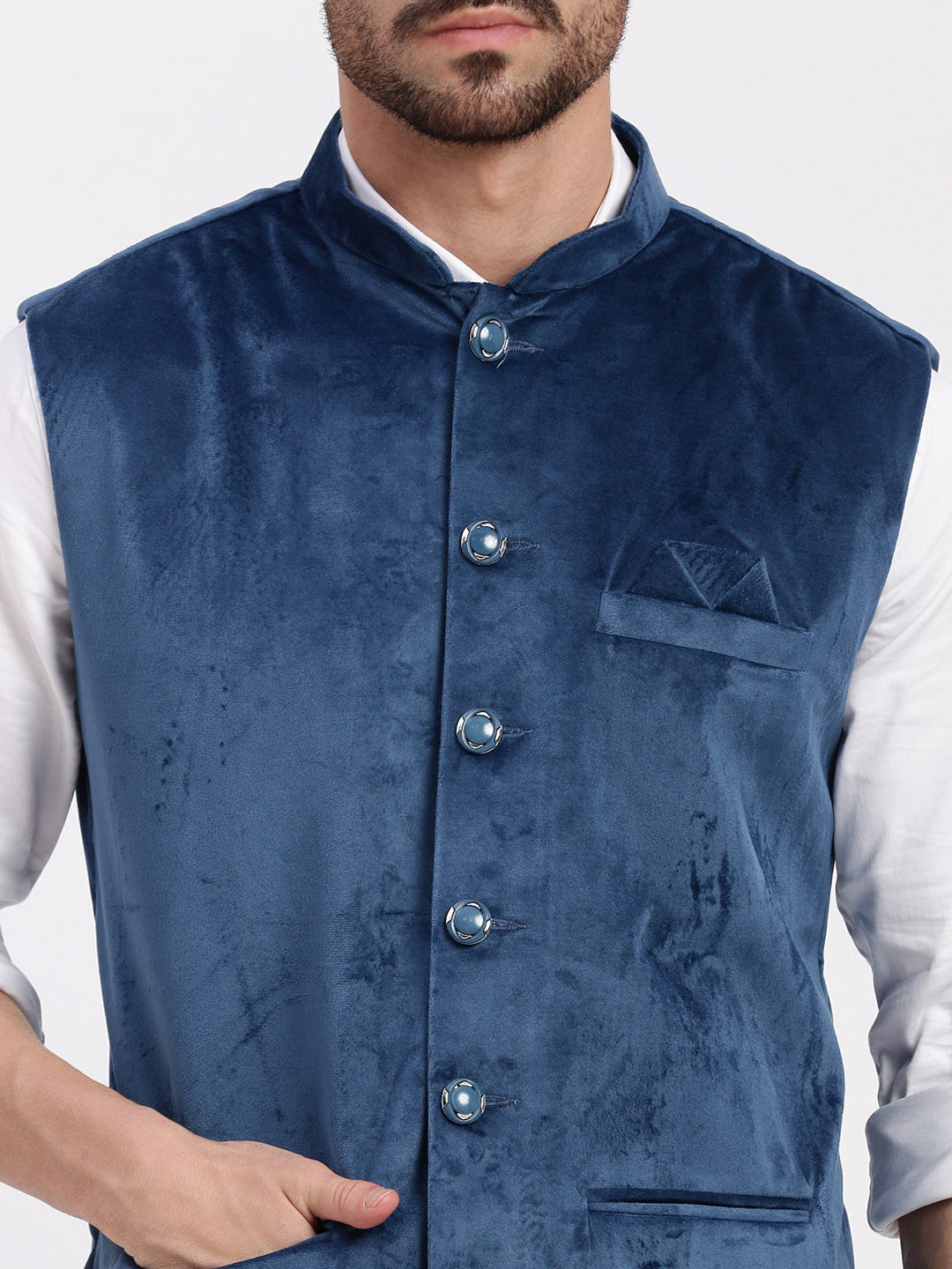 Men Solid Navy Blue Nehru Jacket