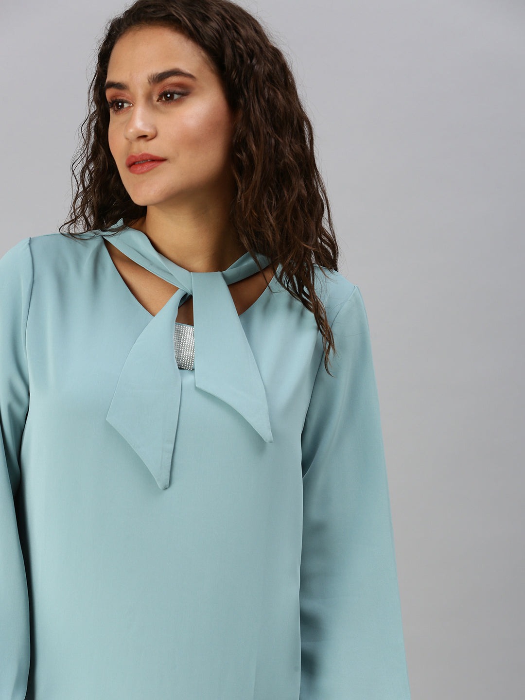 Women Tie-Up Neck Solid Turquoise Blue Top