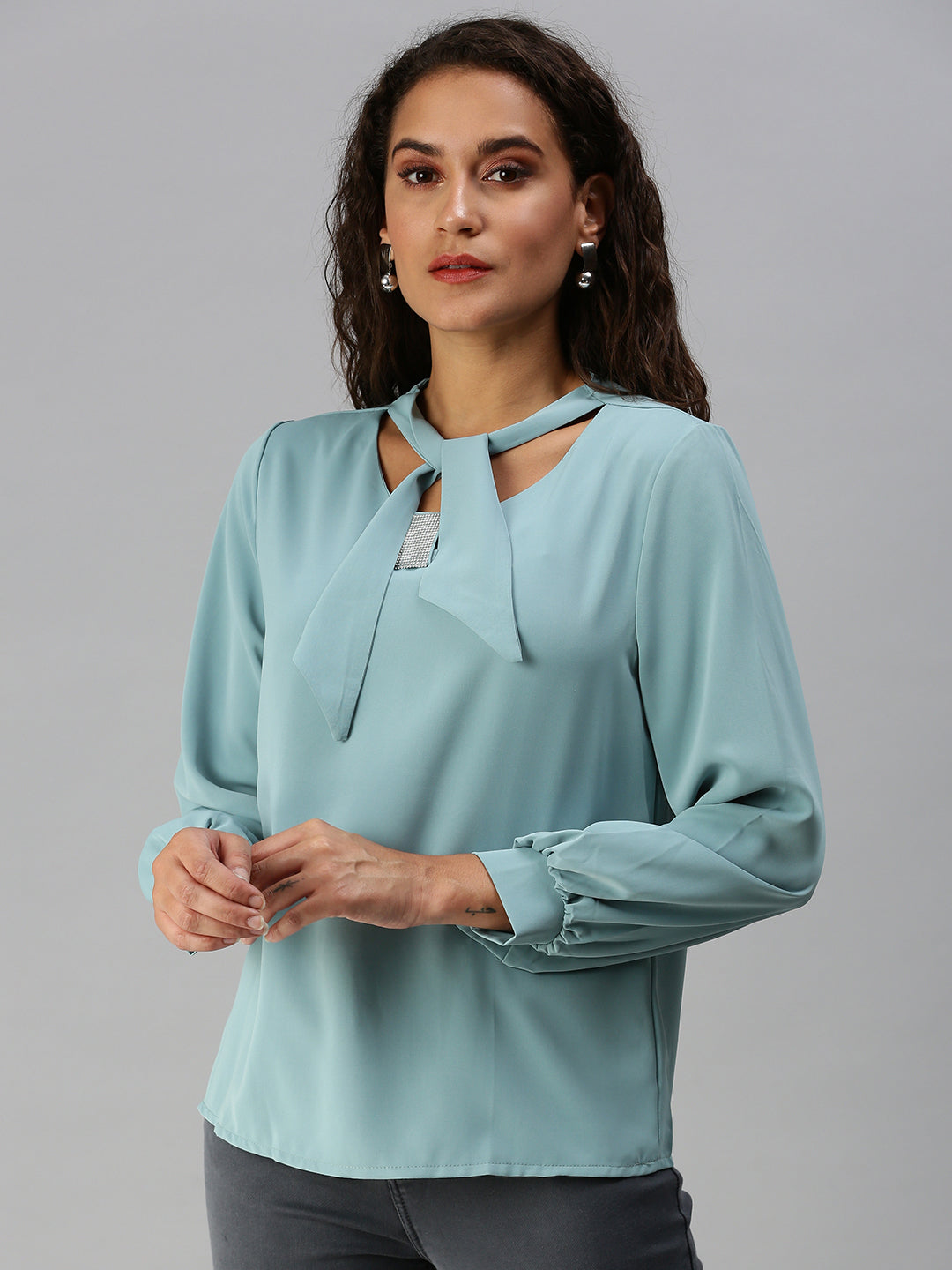 Women Tie-Up Neck Solid Turquoise Blue Top