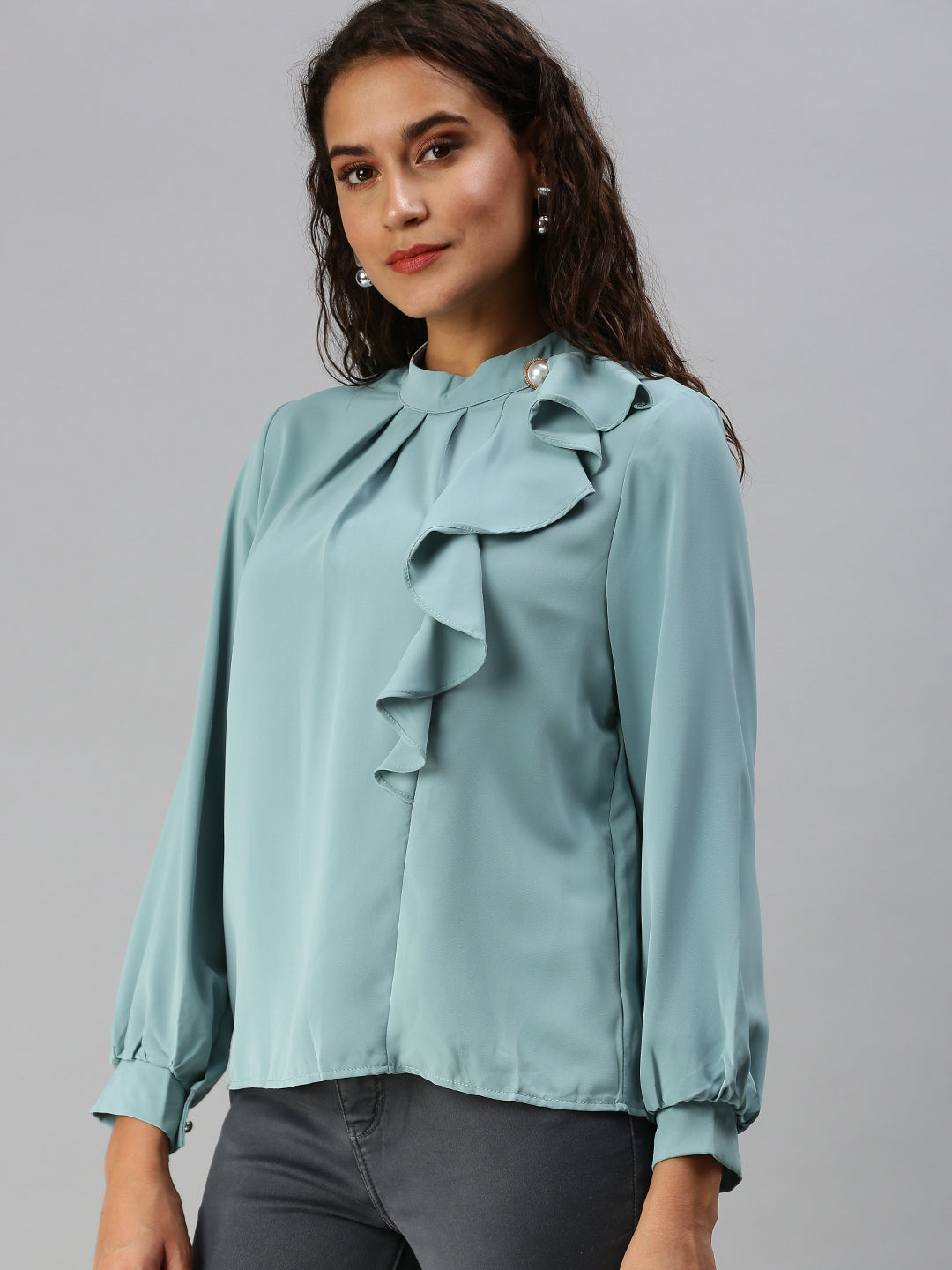 Women Solid Turquoise Blue Top