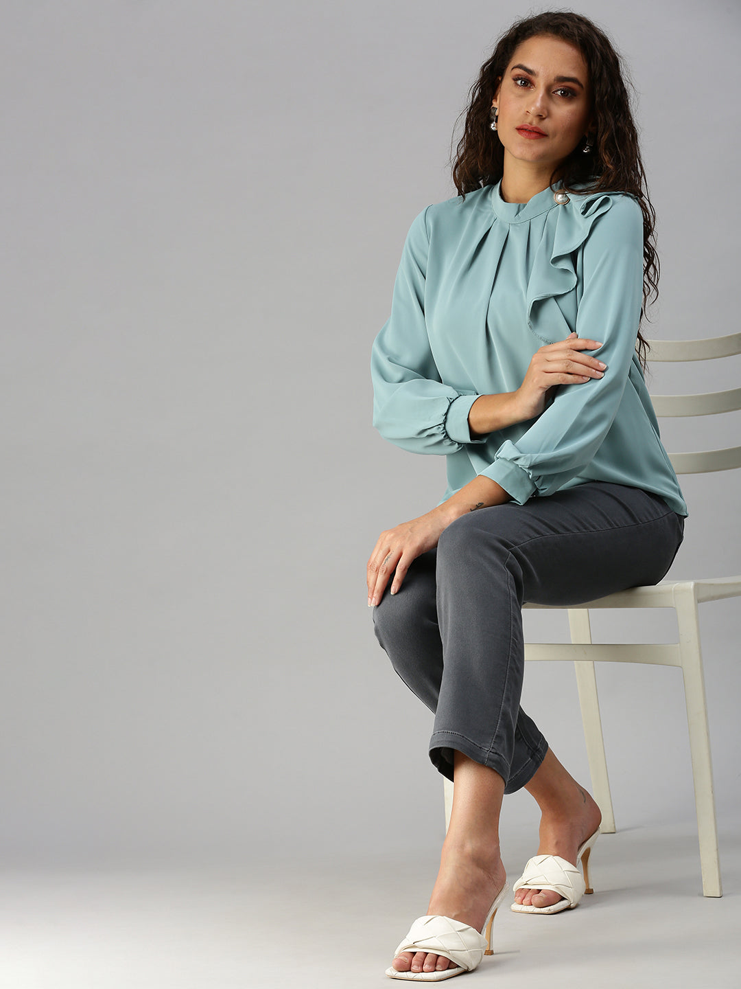 Women Solid Turquoise Blue Top