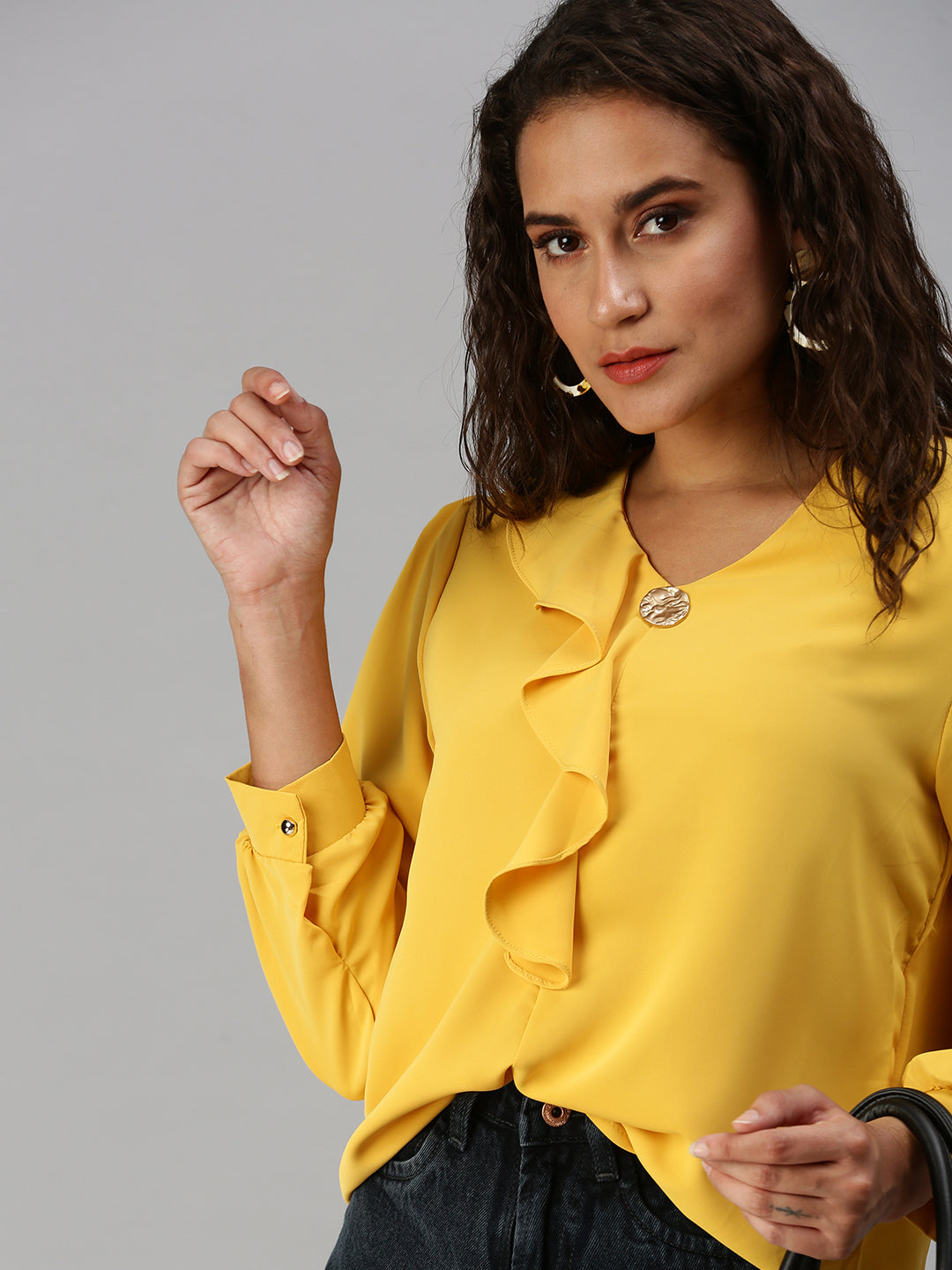 Women V-Neck Solid Yellow Top