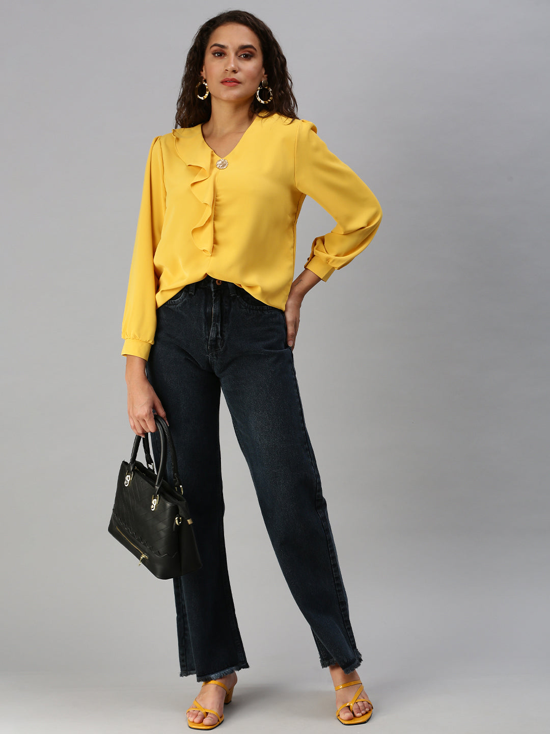 Women V-Neck Solid Yellow Top