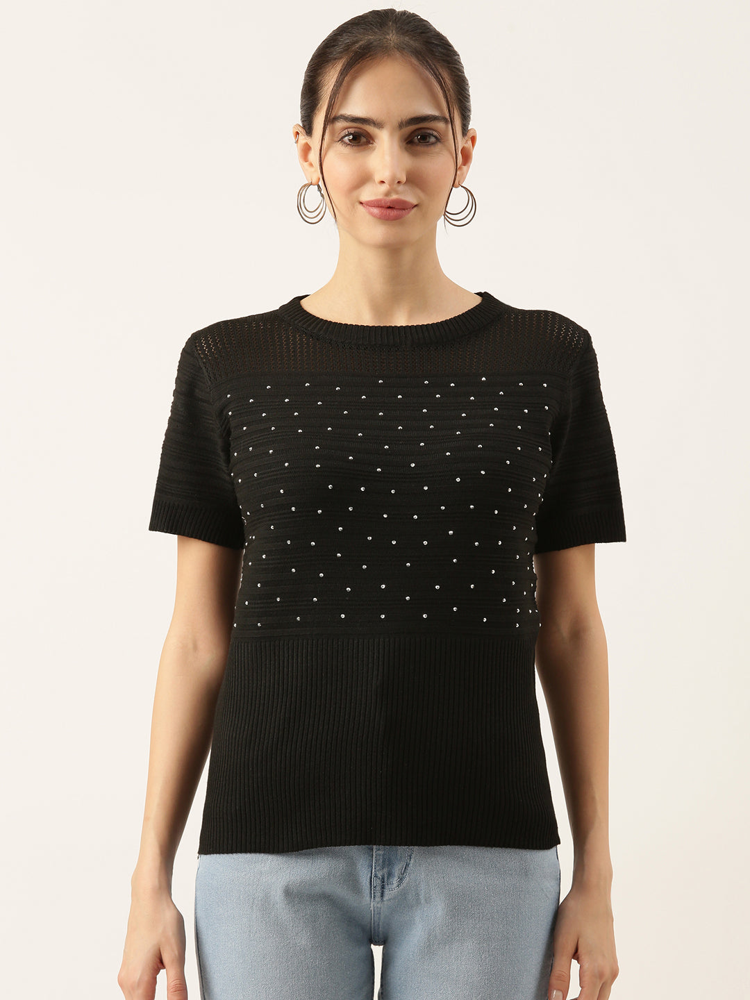 Women Black Solid Crochet Top