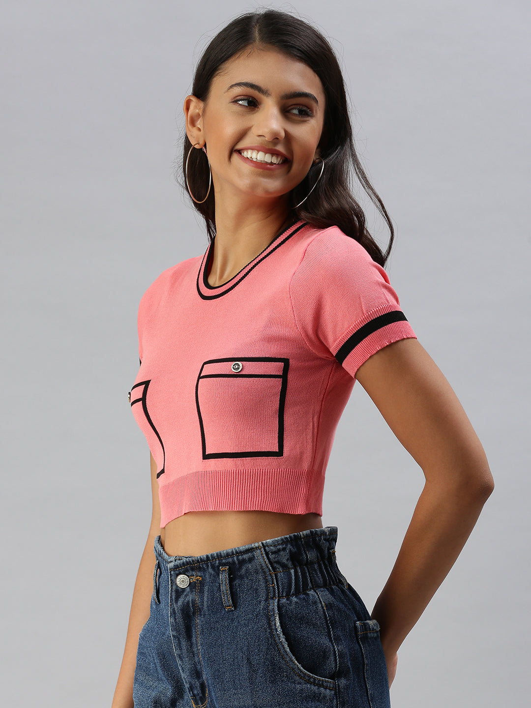 Women Solid Pink Fitted Top