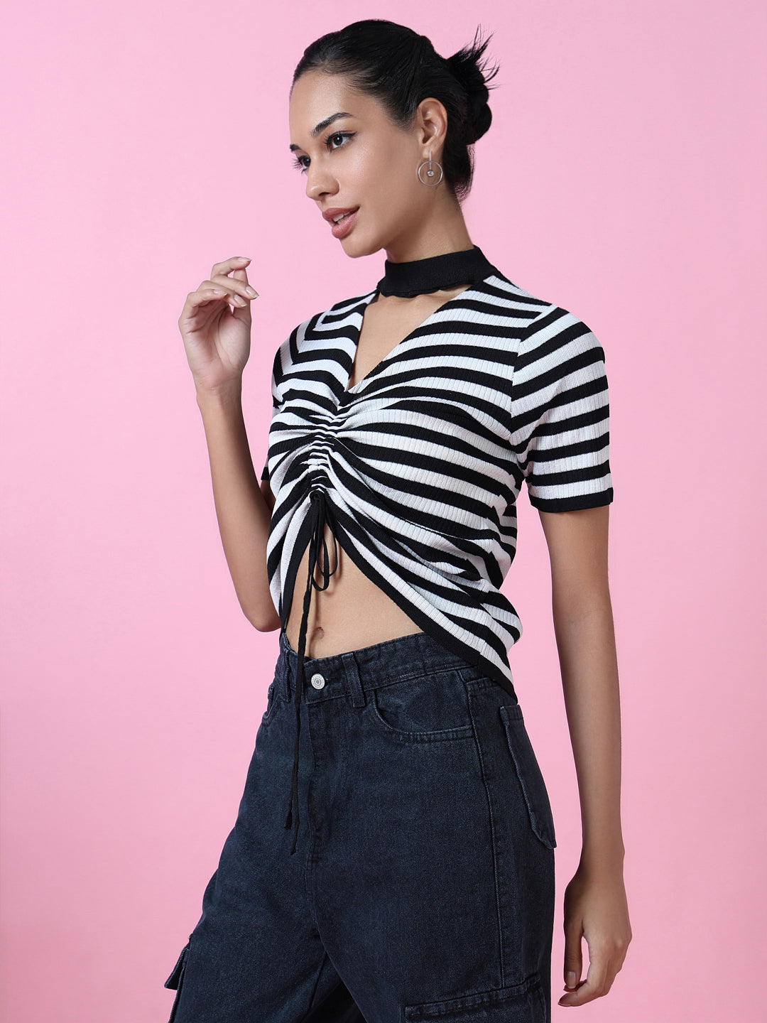 Women Black Striped Ruched Top