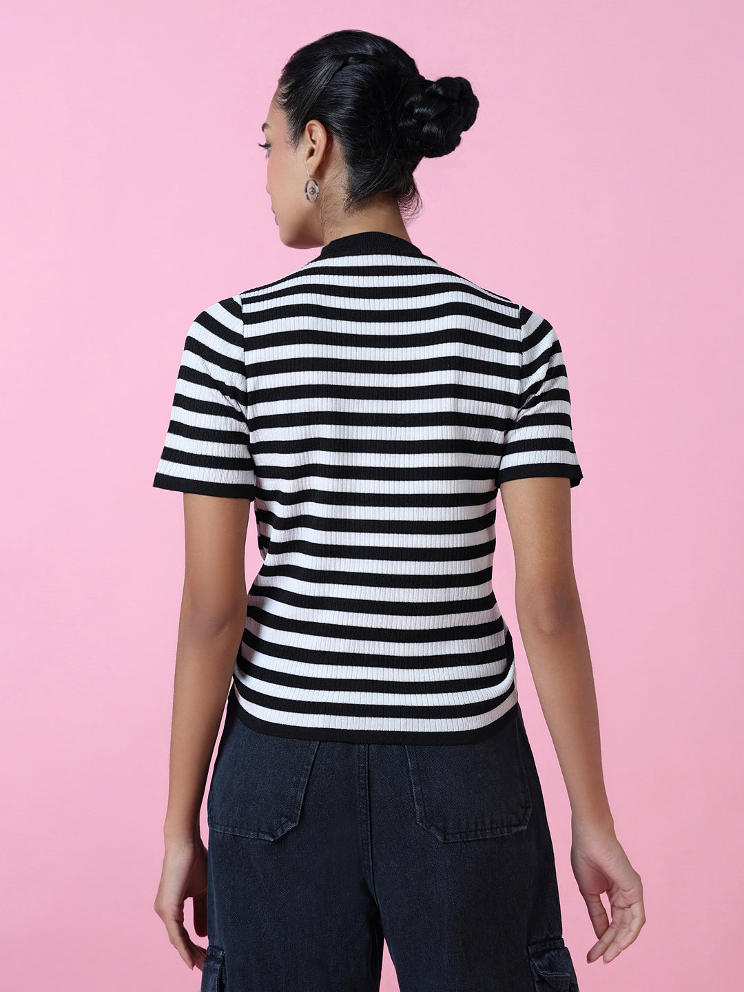 Women Black Striped Ruched Top