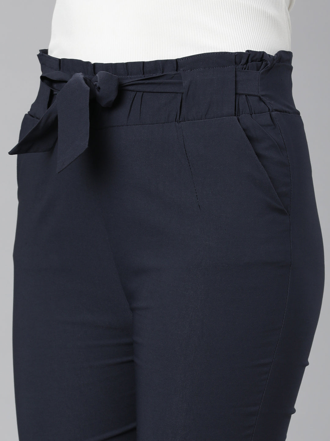 Women Navy Blue Solid Peg Trousers