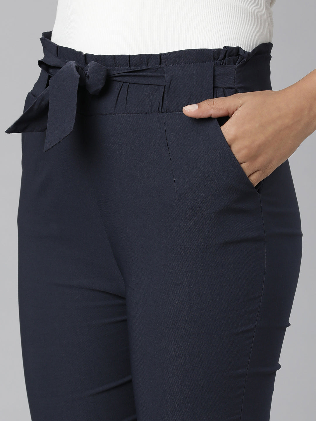 Women Navy Blue Solid Peg Trousers