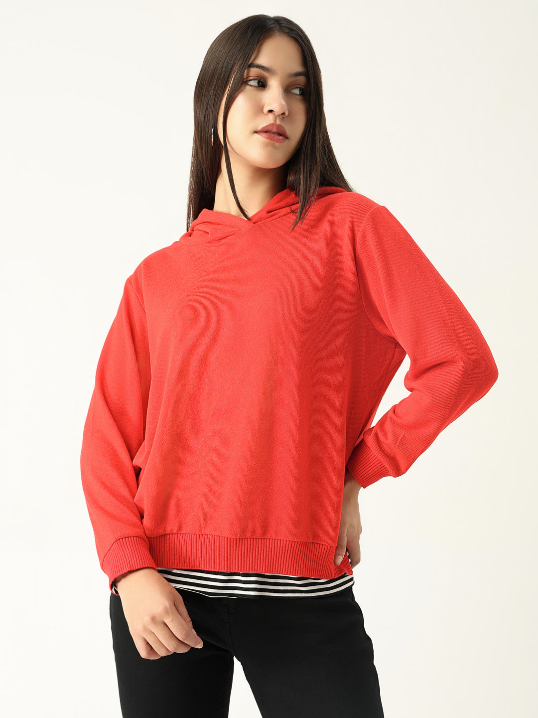 Women Red Solid Hooded Sweatshirt