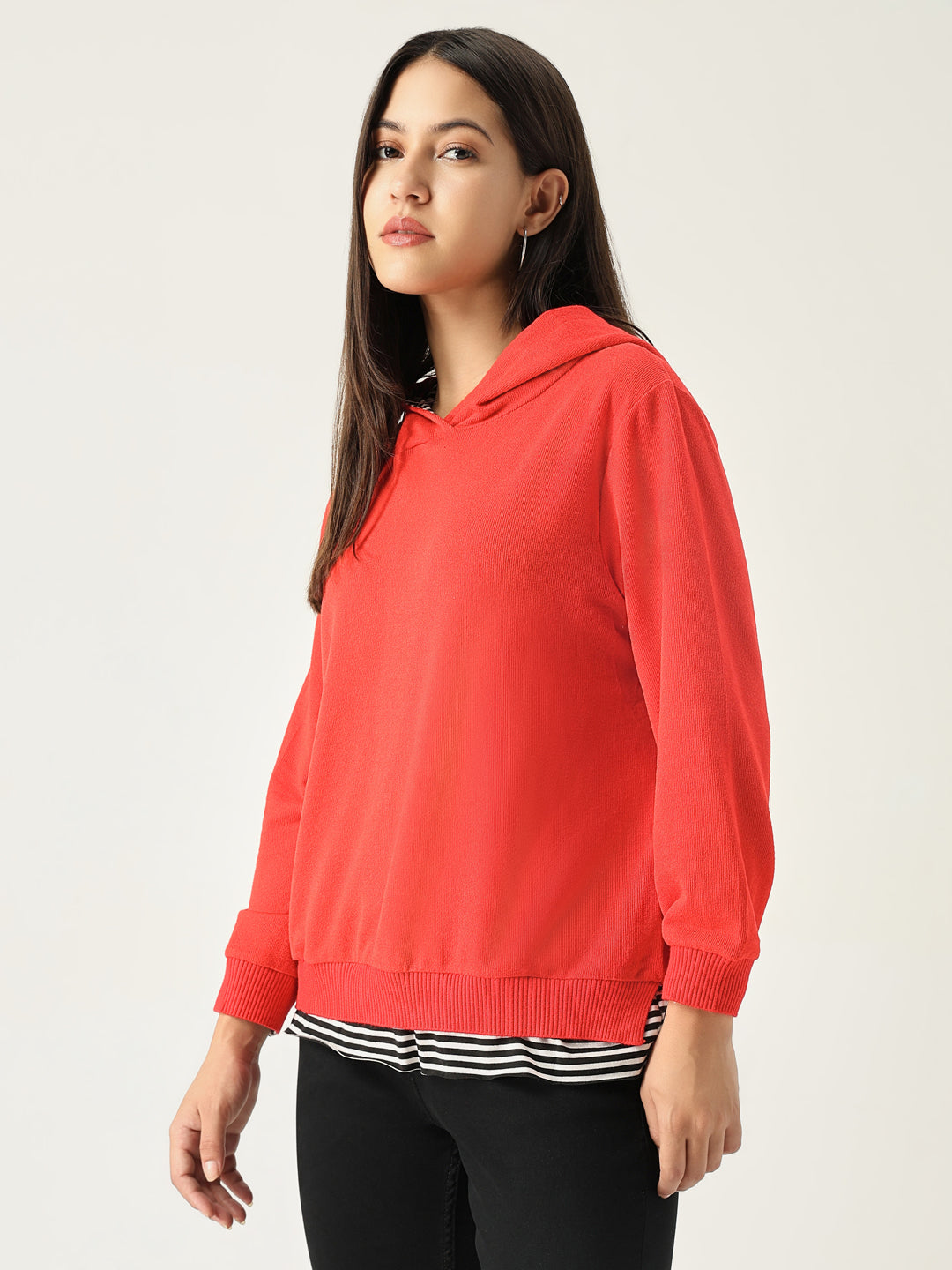 Women Red Solid Hooded Sweatshirt