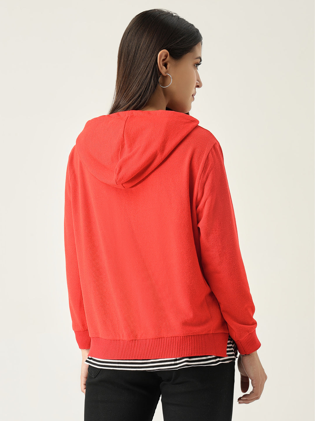 Women Red Solid Hooded Sweatshirt