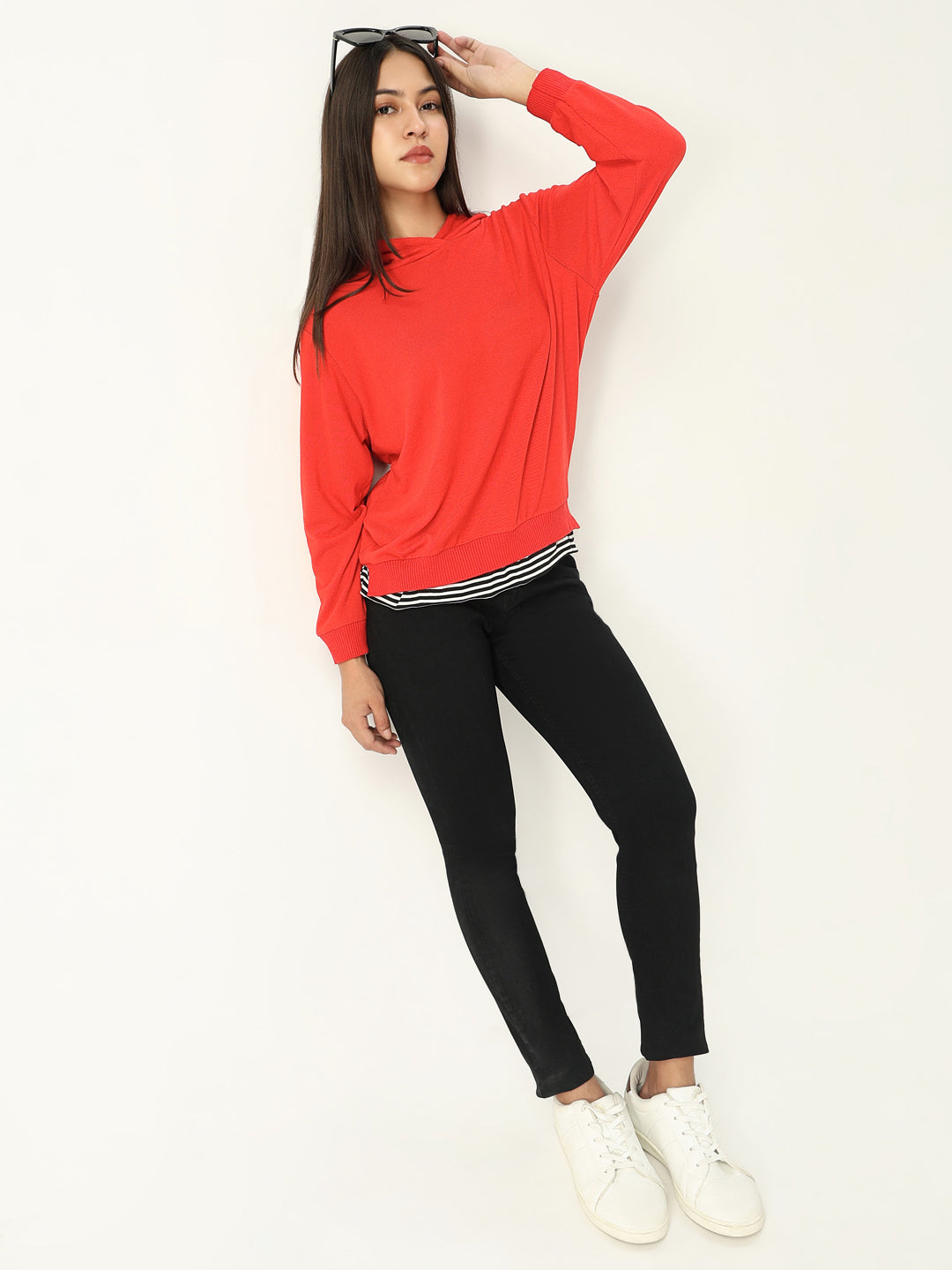 Women Red Solid Hooded Sweatshirt