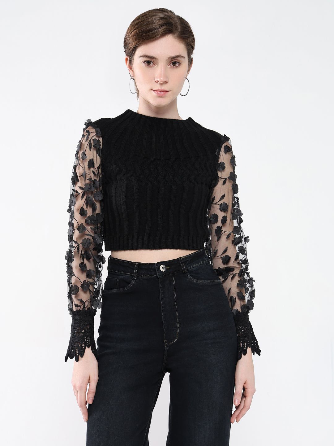 Women Solid Black Fitted Top