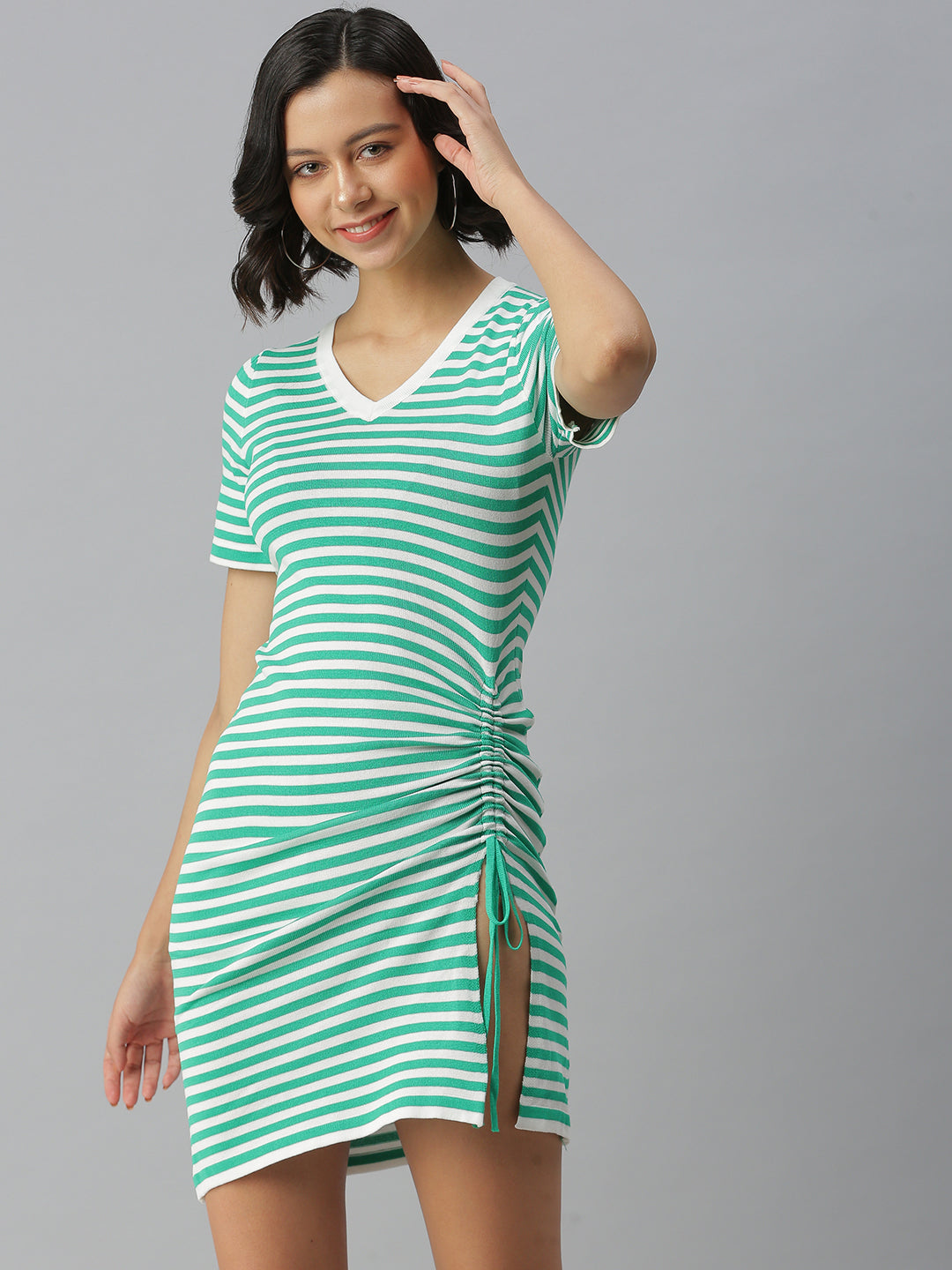 Women V-Neck Striped Bodycon Green Dress
