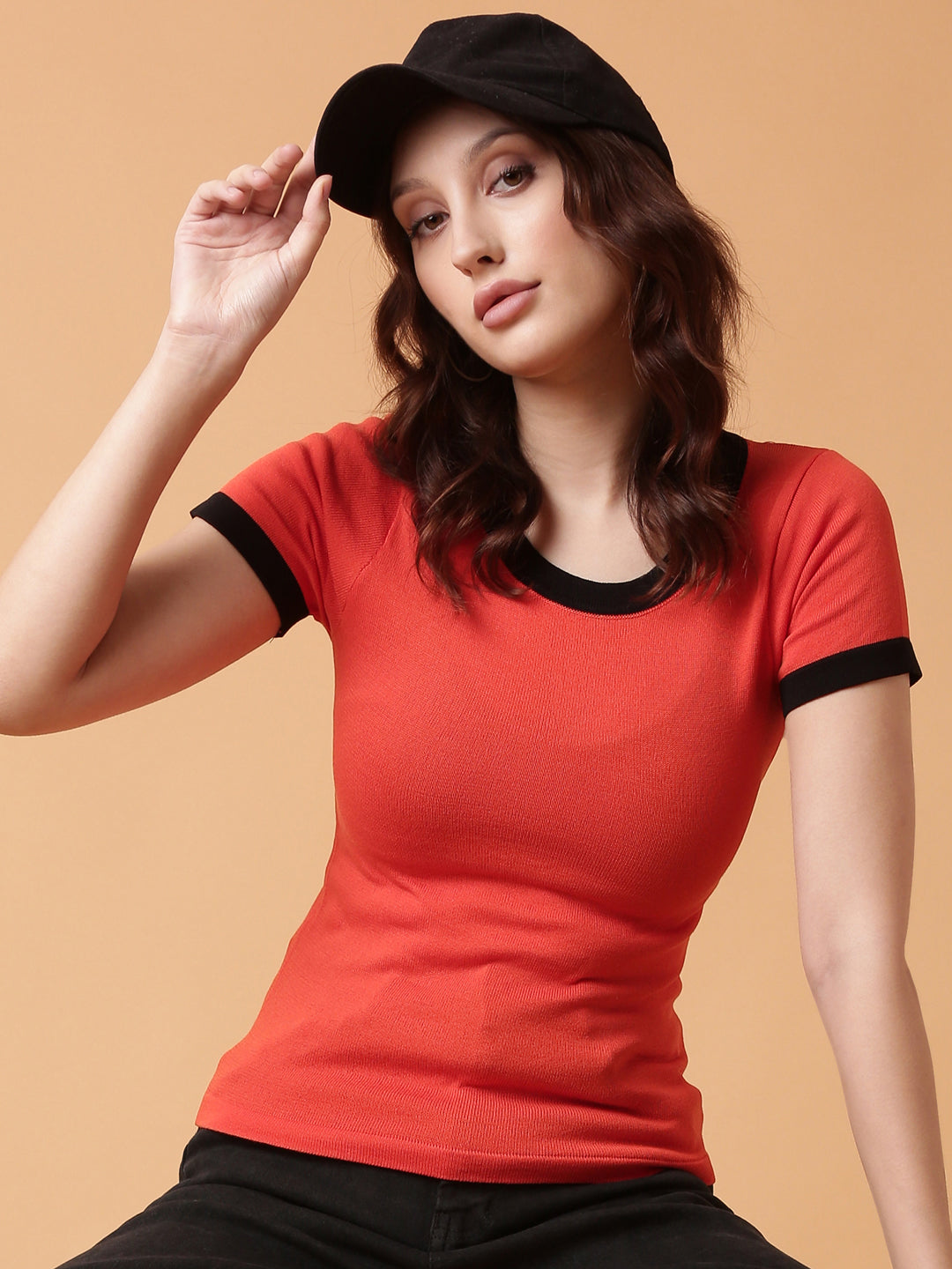 Women Orange Solid Fitted Top