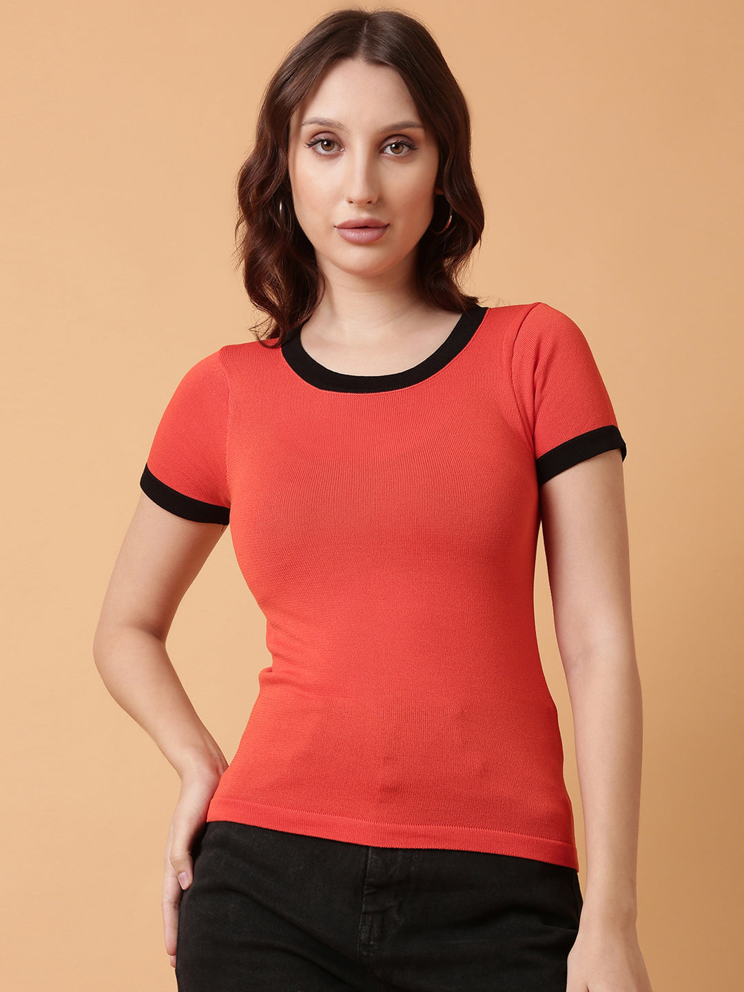 Women Orange Solid Fitted Top