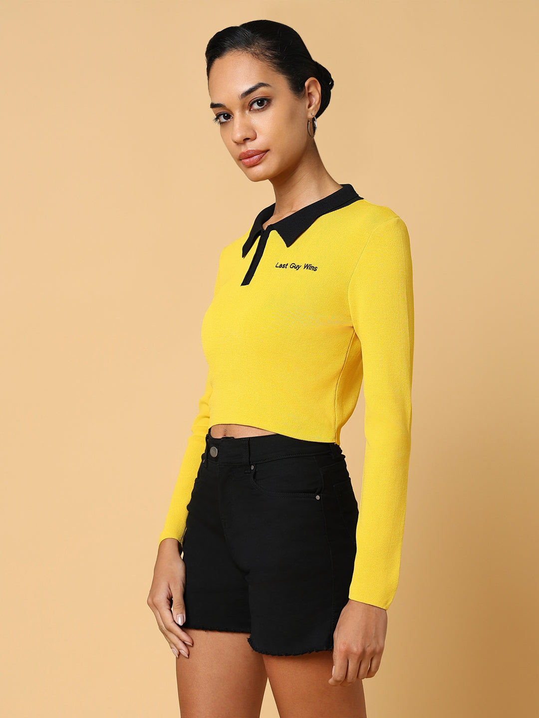 Women Solid Yellow Fitted Top