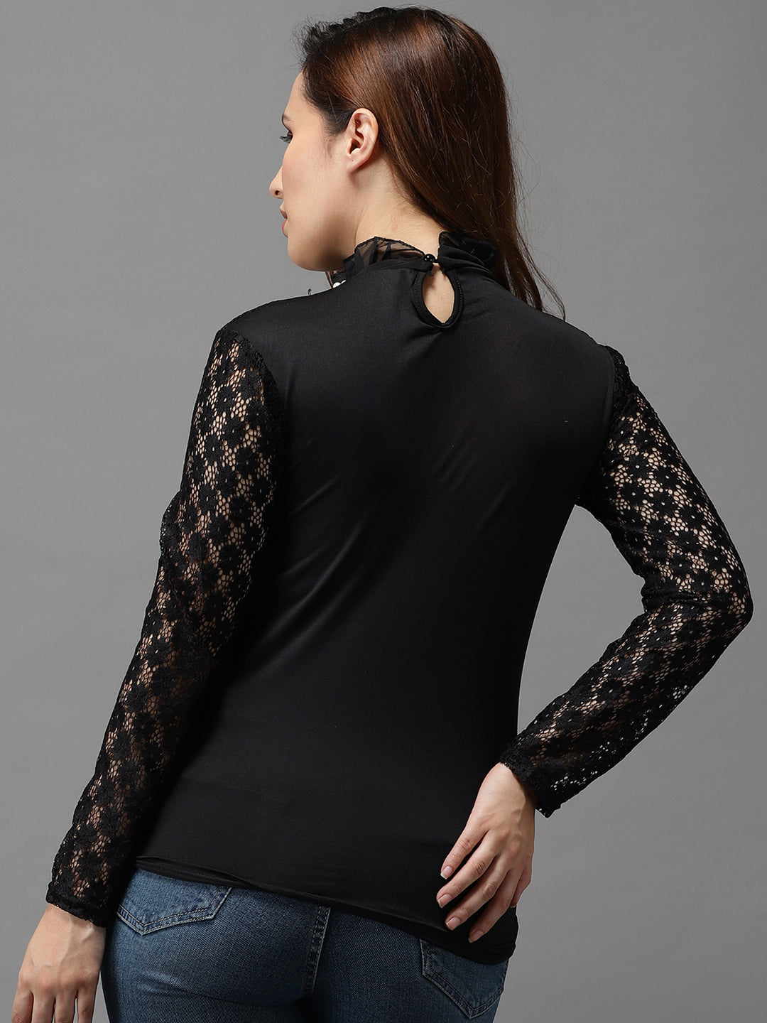 Women High Neck Solid Black Fitted Top