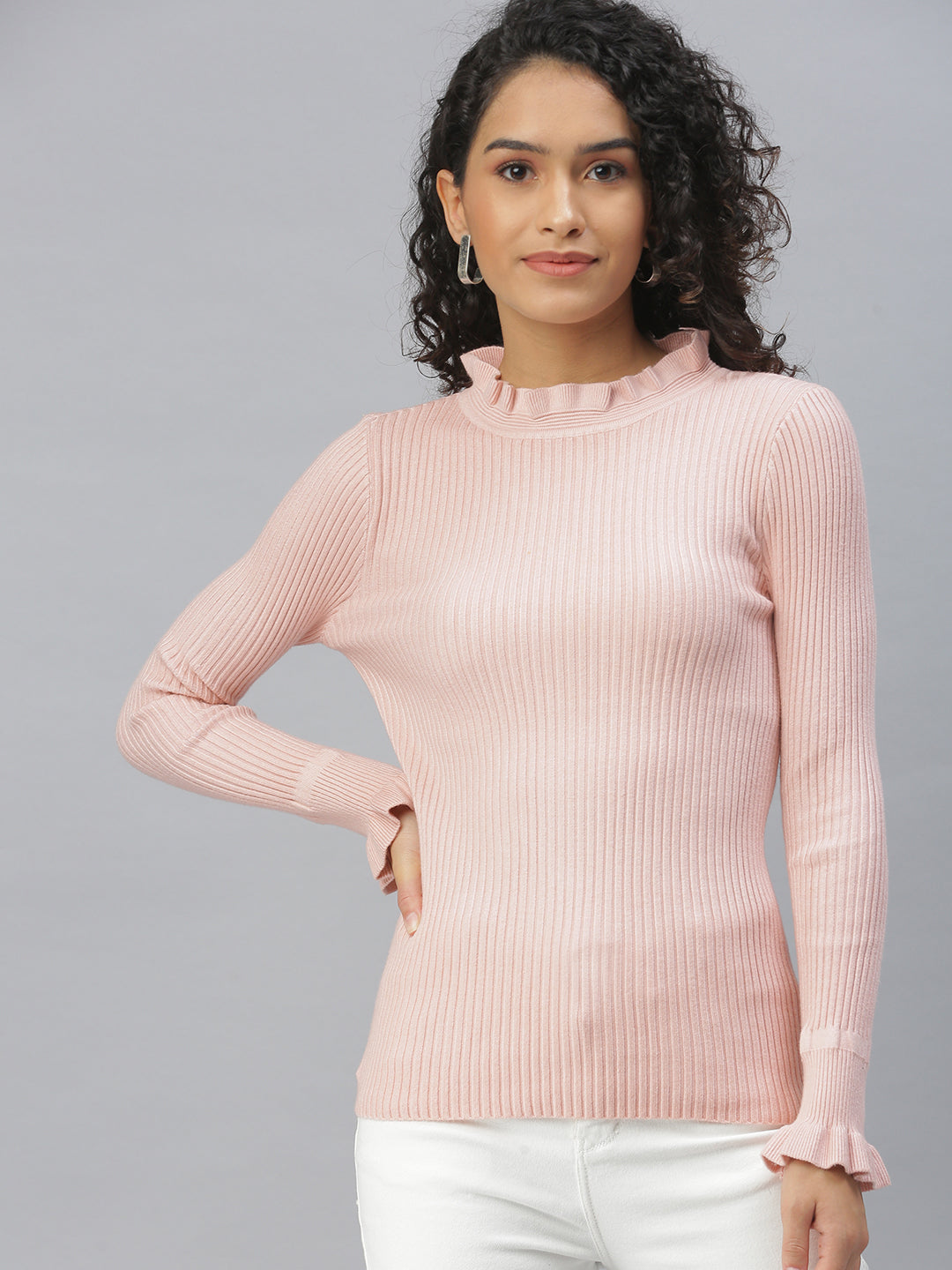 Women High Neck Solid Peach Fitted Top