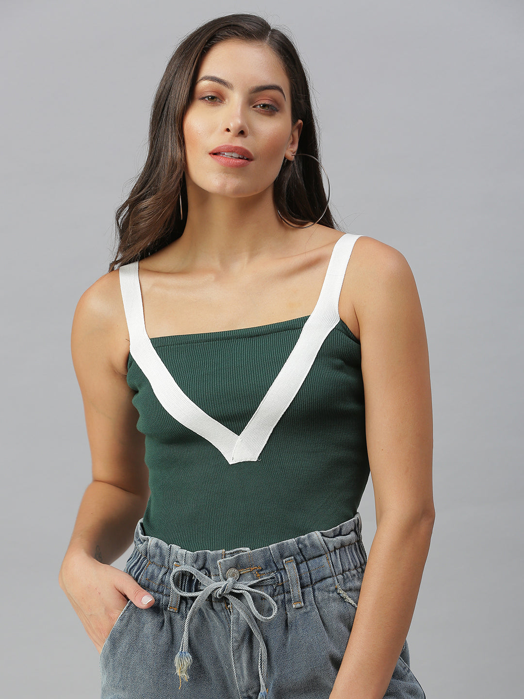 Women Shoulder Straps Solid Green Fitted Top