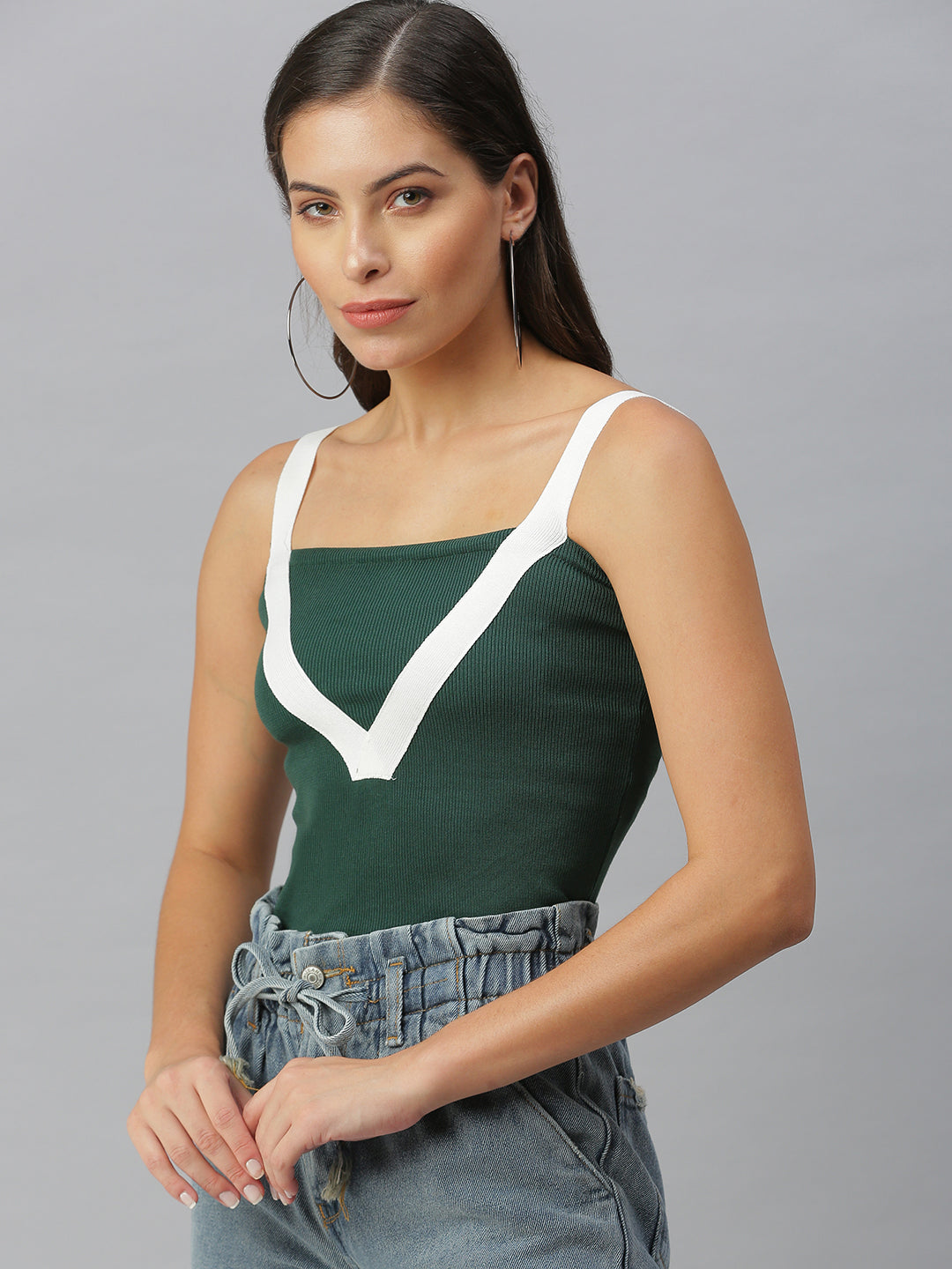 Women Shoulder Straps Solid Green Fitted Top