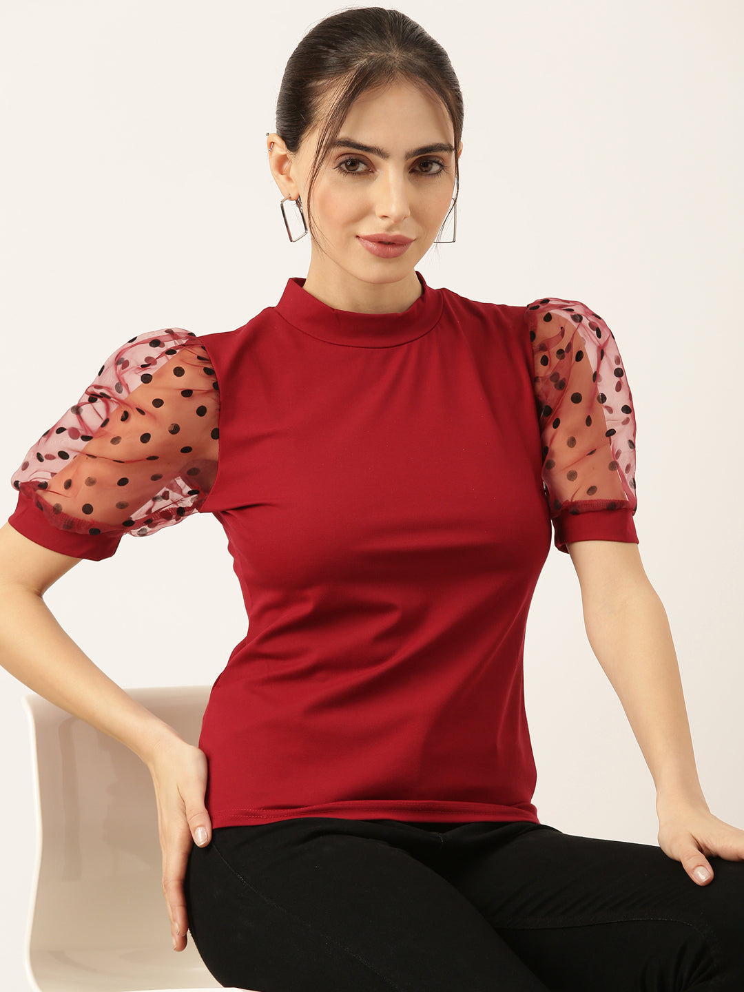 Women Solid Maroon Fitted Top