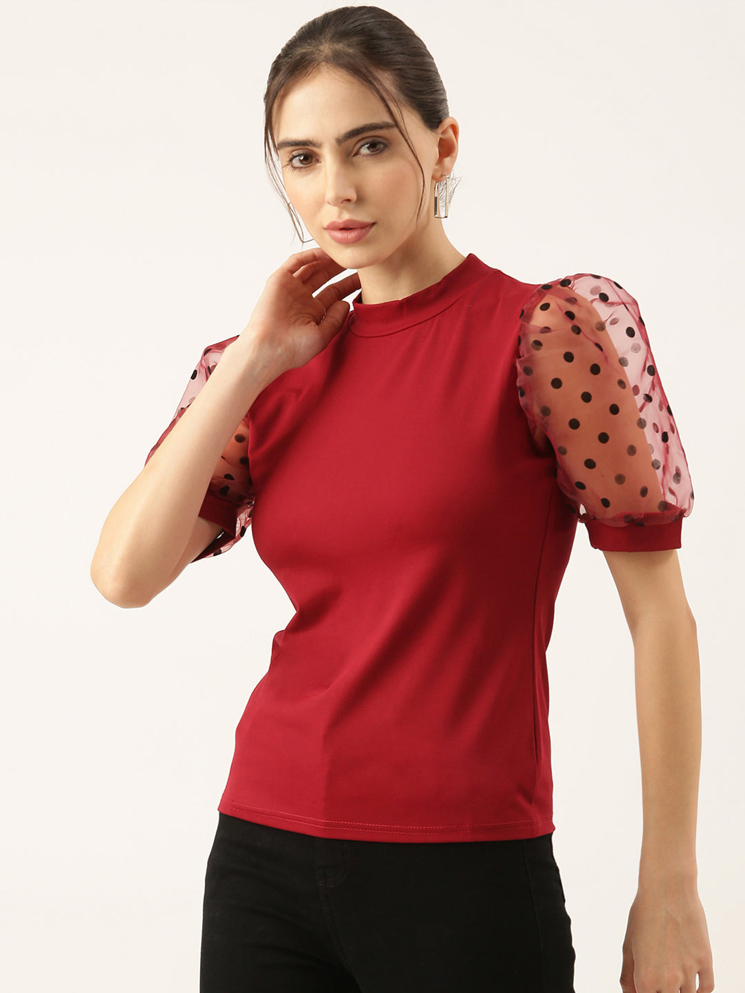 Women Solid Maroon Fitted Top