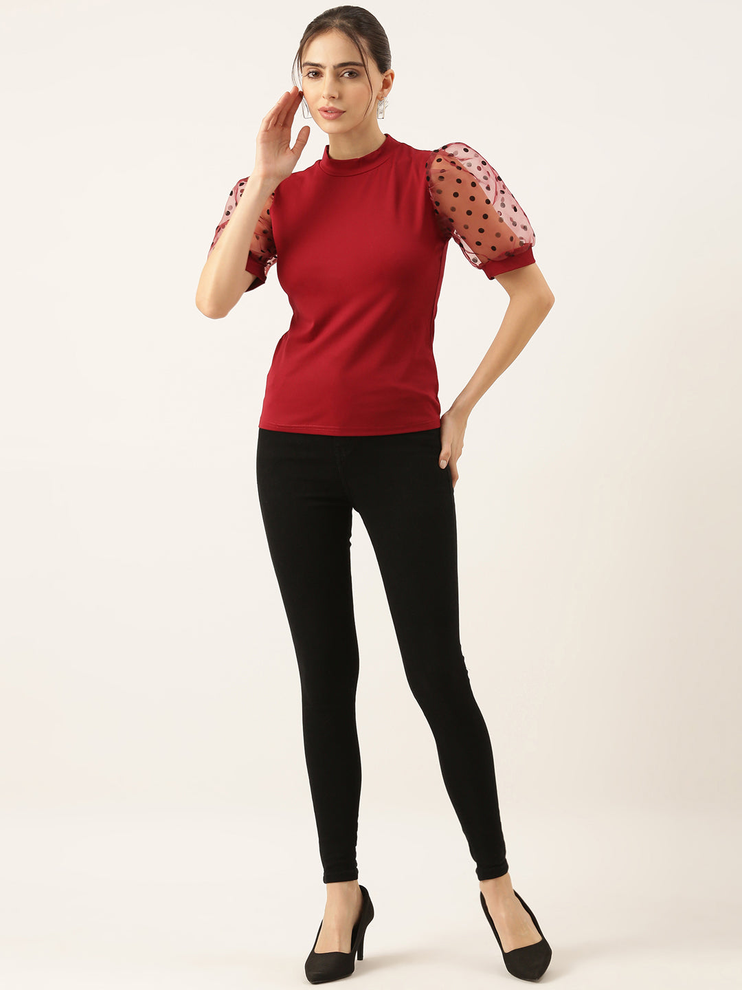 Women Solid Maroon Fitted Top