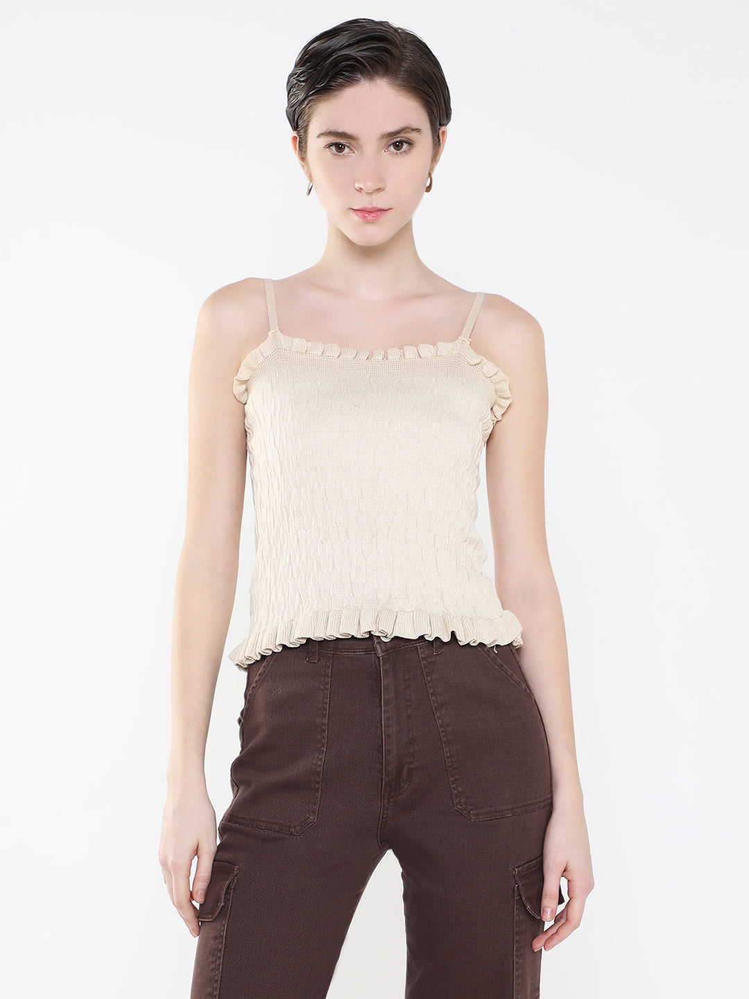 Women Solid Beige Fitted Crop Top