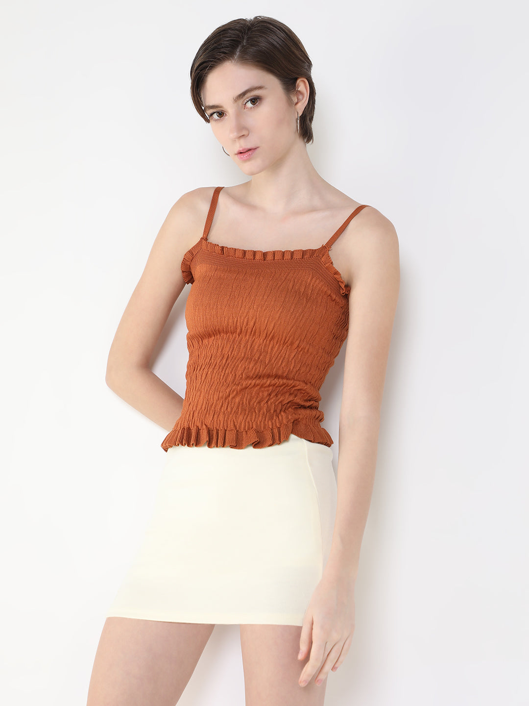 Women Solid Brown Fitted Crop Top